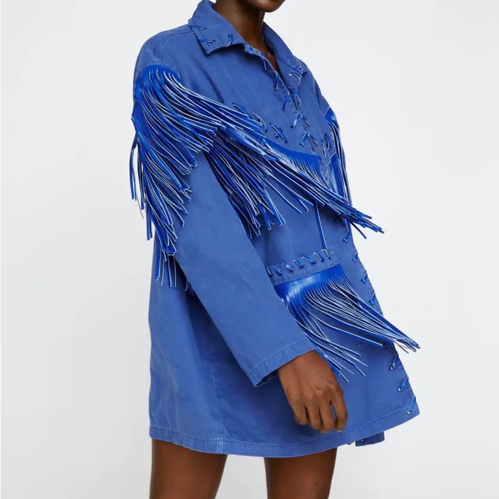 George Vibrant Blue Women's Jean Jacket with Fringe
